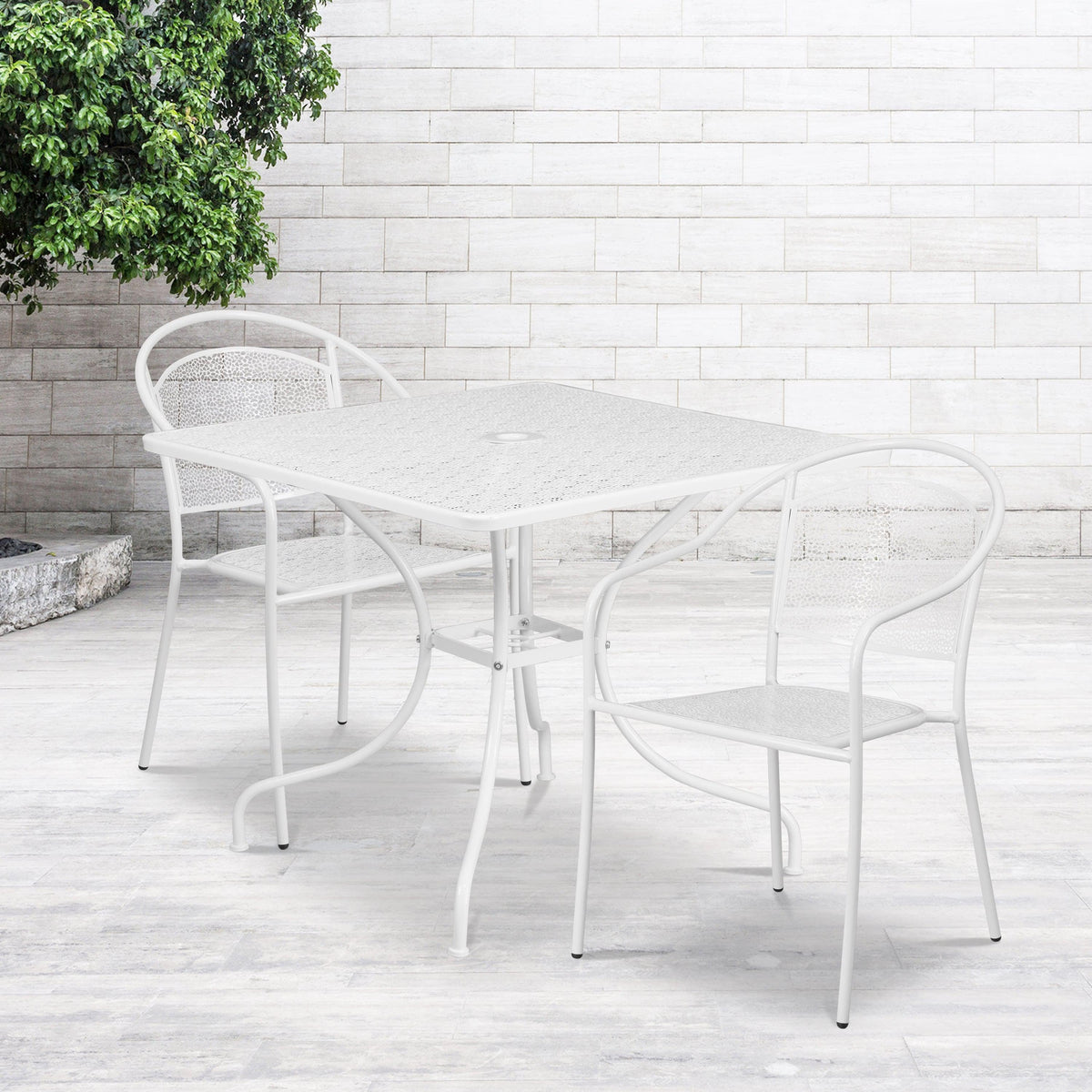 White |#| 35.5inch Square White Indoor-Outdoor Steel Patio Table Set w/ 2 Round Back Chairs