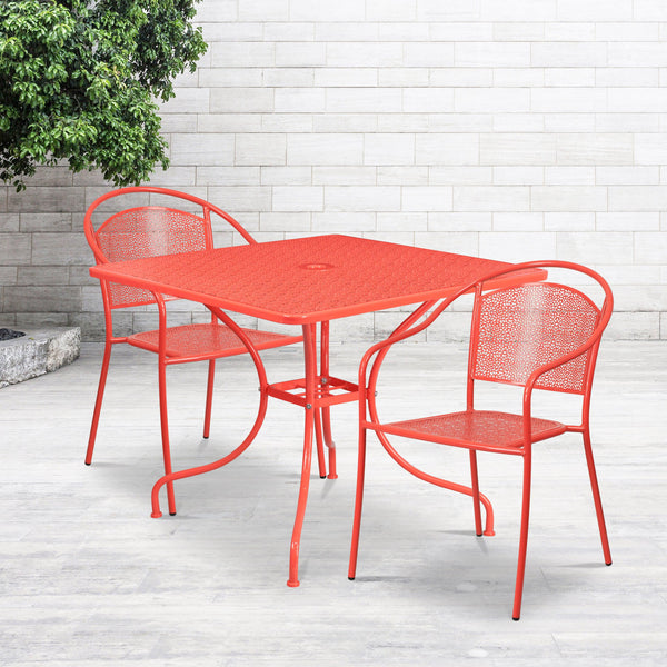 Coral |#| 35.5inch Square Coral Indoor-Outdoor Steel Patio Table Set w/ 2 Round Back Chairs