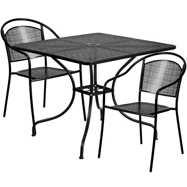 Black |#| 35.5inch Square Black Indoor-Outdoor Steel Patio Table Set w/ 2 Round Back Chairs