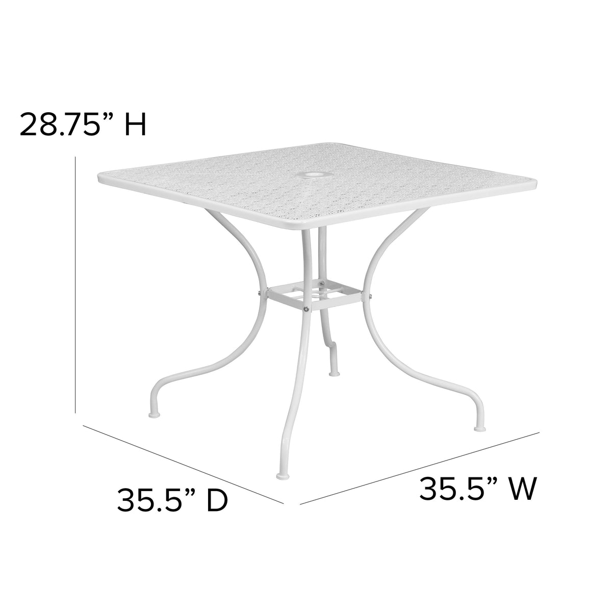 White |#| 35.5inch Square White Indoor-Outdoor Steel Patio Table-Umbrella Hole-Restaurant