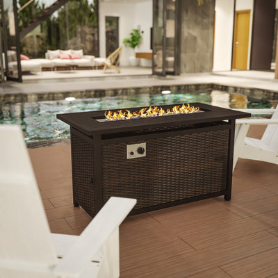 Olympia Outdoor Propane Gas 50,000 BTU Fire Pit Table with Stainless Steel Tabletop, Lid, Glass Beads, Wicker Base - View 2