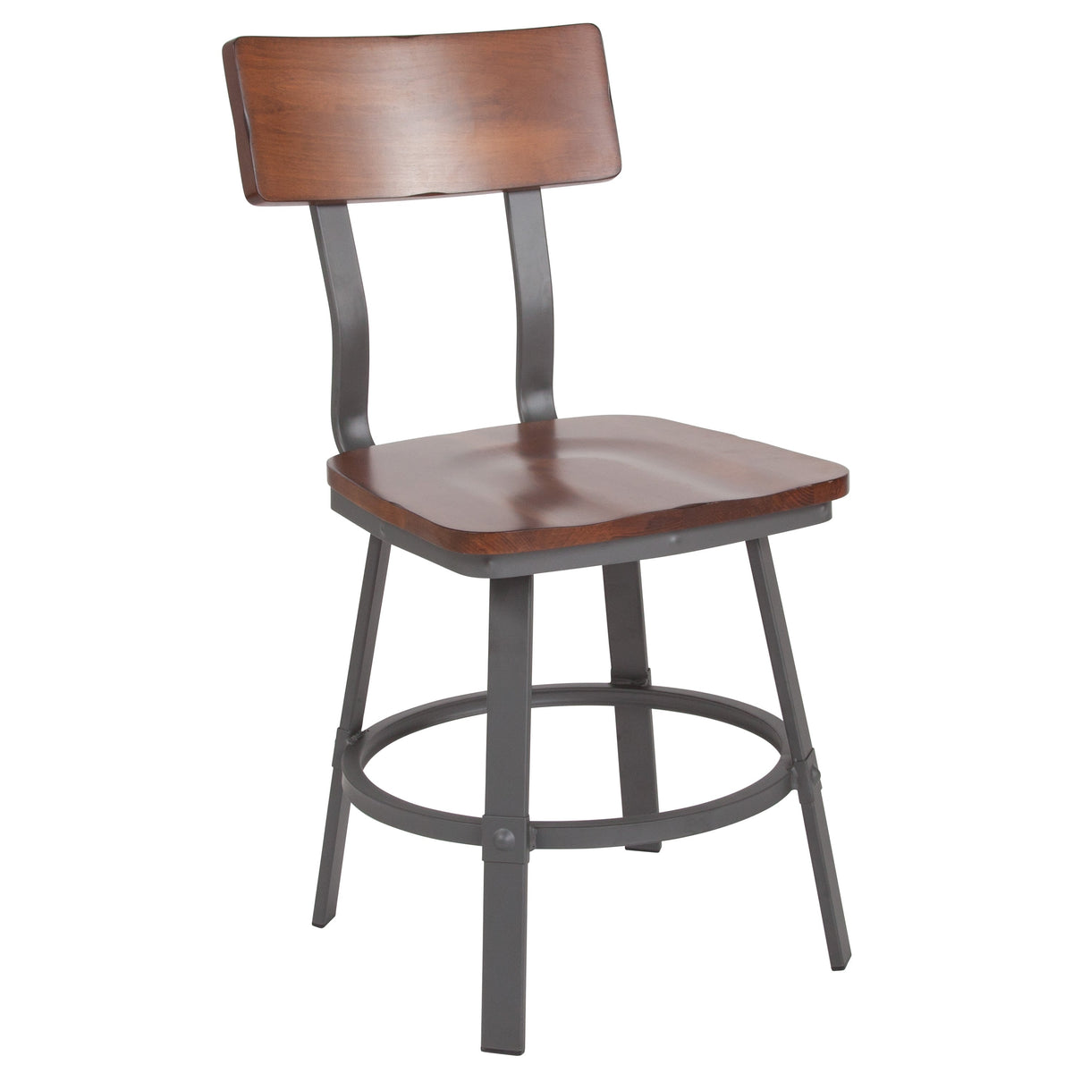 Rustic Walnut Restaurant Chair with Wood Seat & Back and Gray Powder Coat Frame