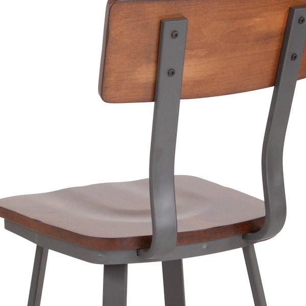 Rustic Walnut Restaurant Chair with Wood Seat & Back and Gray Powder Coat Frame