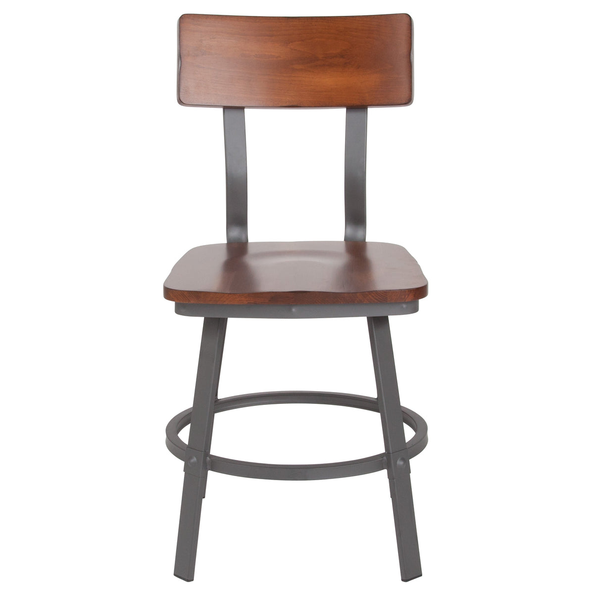 Rustic Walnut Restaurant Chair with Wood Seat & Back and Gray Powder Coat Frame