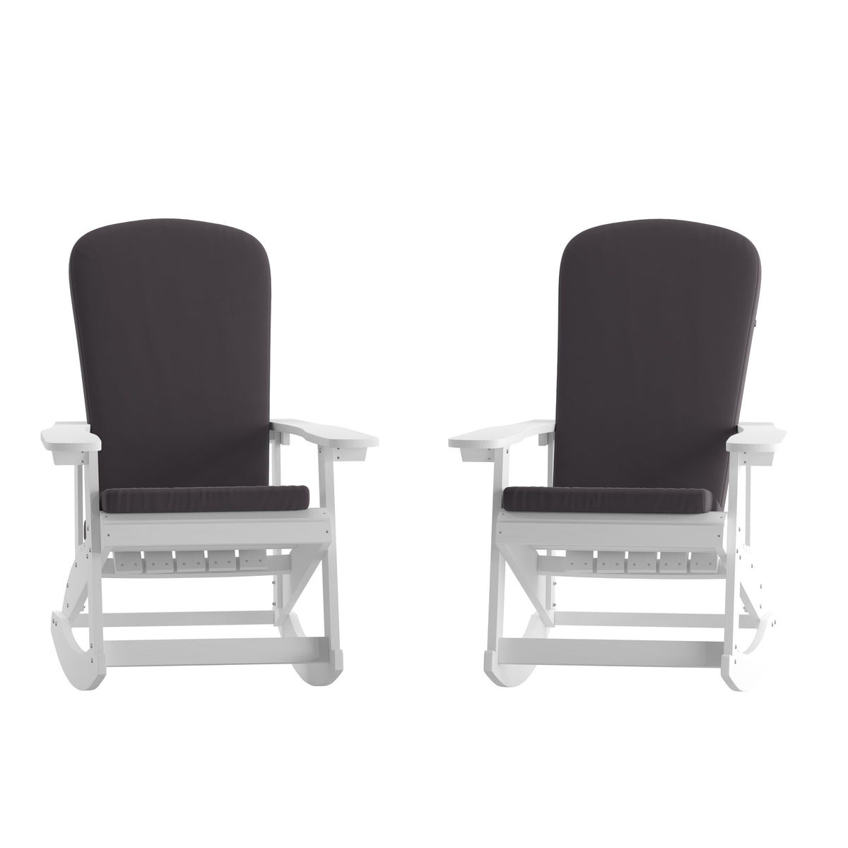 White/Gray |#| Indoor/Outdoor White Rocking Adirondack Chairs with Gray Cushions - Set of 2