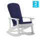 White/Blue |#| Indoor/Outdoor White Rocking Adirondack Chairs with Blue Cushions - Set of 2