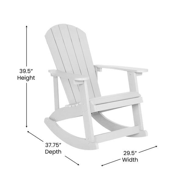 White/Blue |#| Indoor/Outdoor White Rocking Adirondack Chairs with Blue Cushions - Set of 2