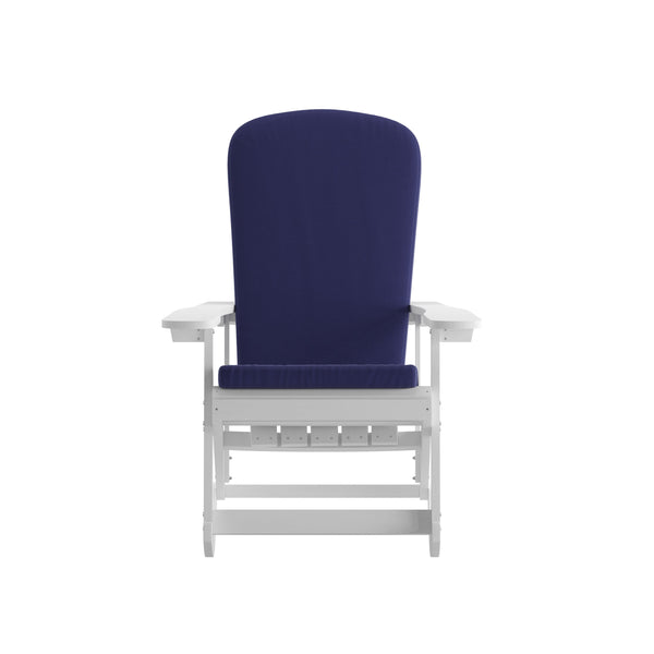 White/Blue |#| Indoor/Outdoor White Rocking Adirondack Chairs with Blue Cushions - Set of 2