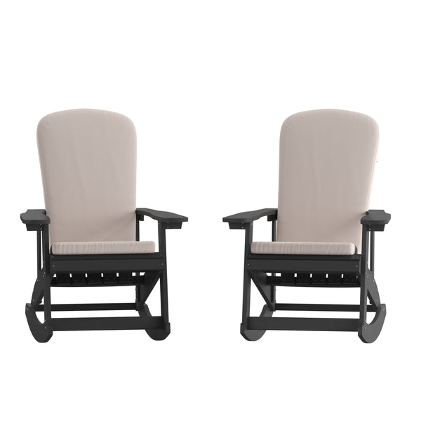 Black/Cream |#| Indoor/Outdoor Black Rocking Adirondack Chairs with Cream Cushions - Set of 2