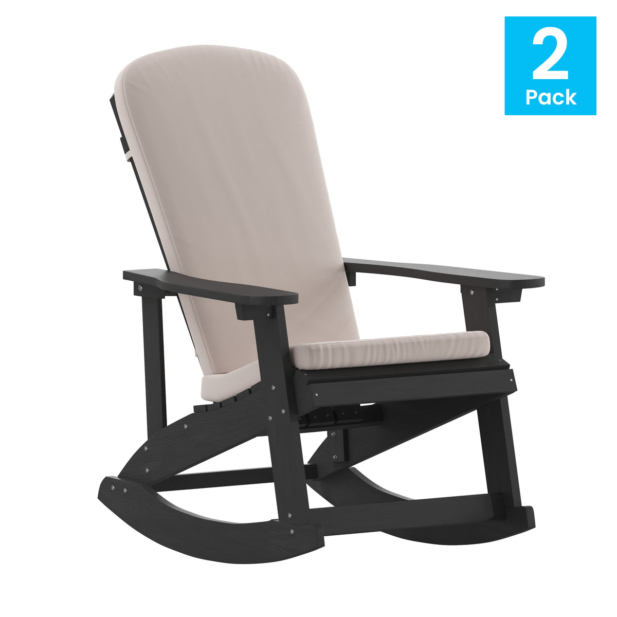 Black/Cream |#| Indoor/Outdoor Black Rocking Adirondack Chairs with Cream Cushions - Set of 2