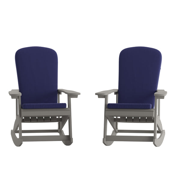 Gray/Blue |#| Indoor/Outdoor White Rocking Adirondack Chairs with Blue Cushions - Set of 2