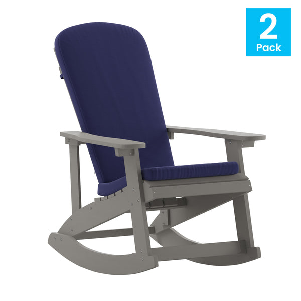 Gray/Blue |#| Indoor/Outdoor White Rocking Adirondack Chairs with Blue Cushions - Set of 2