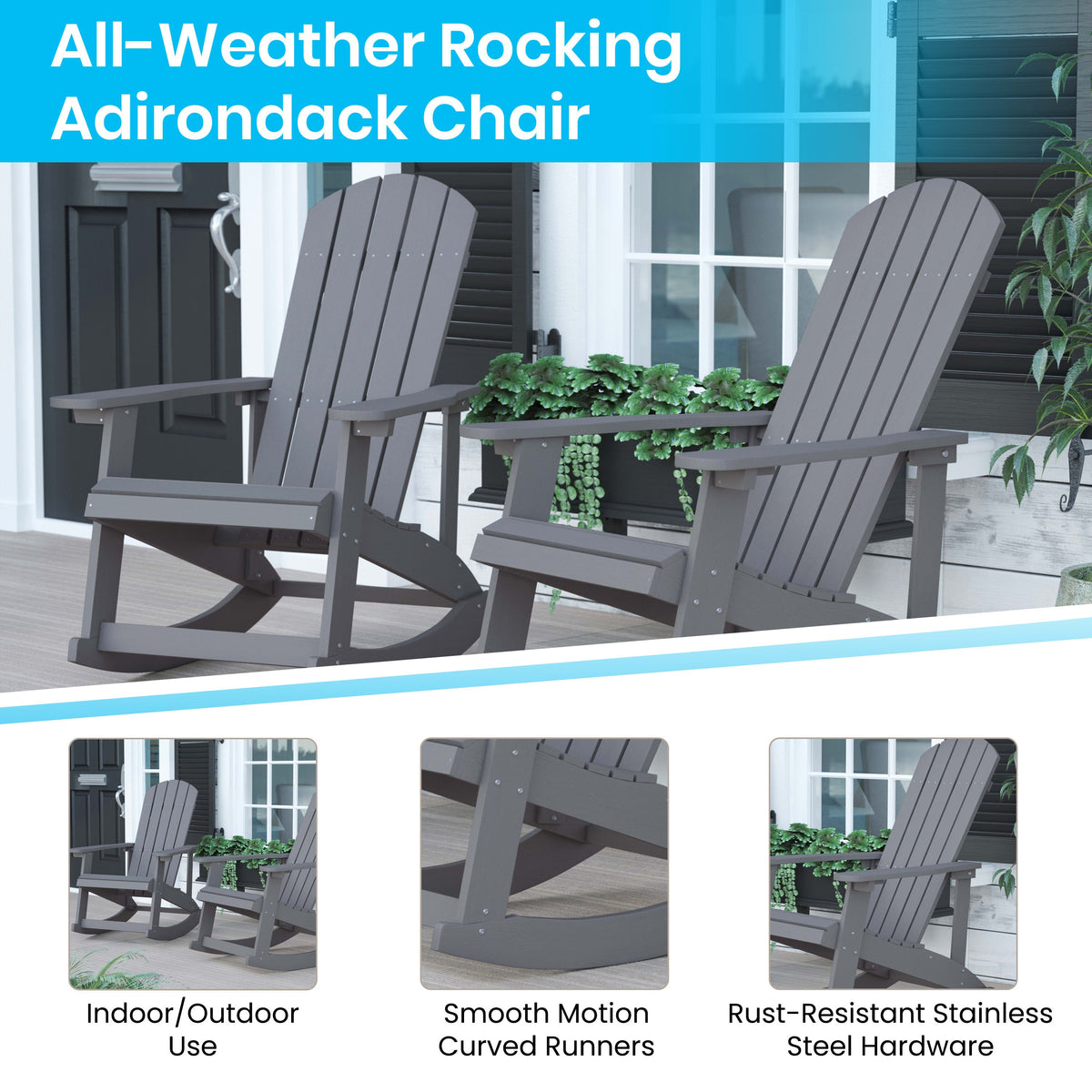 Gray/Blue |#| Indoor/Outdoor White Rocking Adirondack Chairs with Blue Cushions - Set of 2