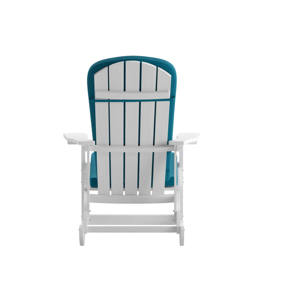 White/Teal |#| Indoor/Outdoor White Rocking Adirondack Chairs with Teal Cushions - Set of 2