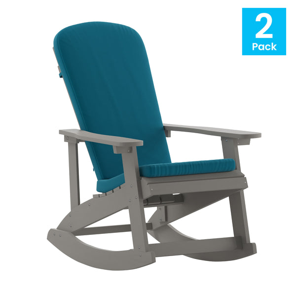 Gray/Teal |#| Indoor/Outdoor White Rocking Adirondack Chairs with Teal Cushions - Set of 2