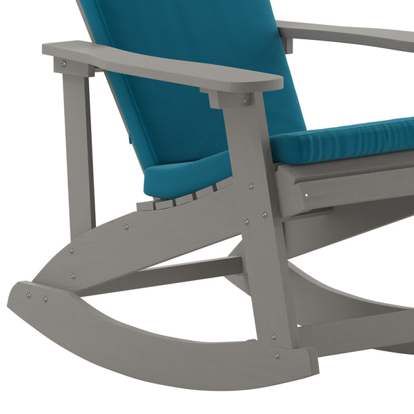 Gray/Teal |#| Indoor/Outdoor White Rocking Adirondack Chairs with Teal Cushions - Set of 2