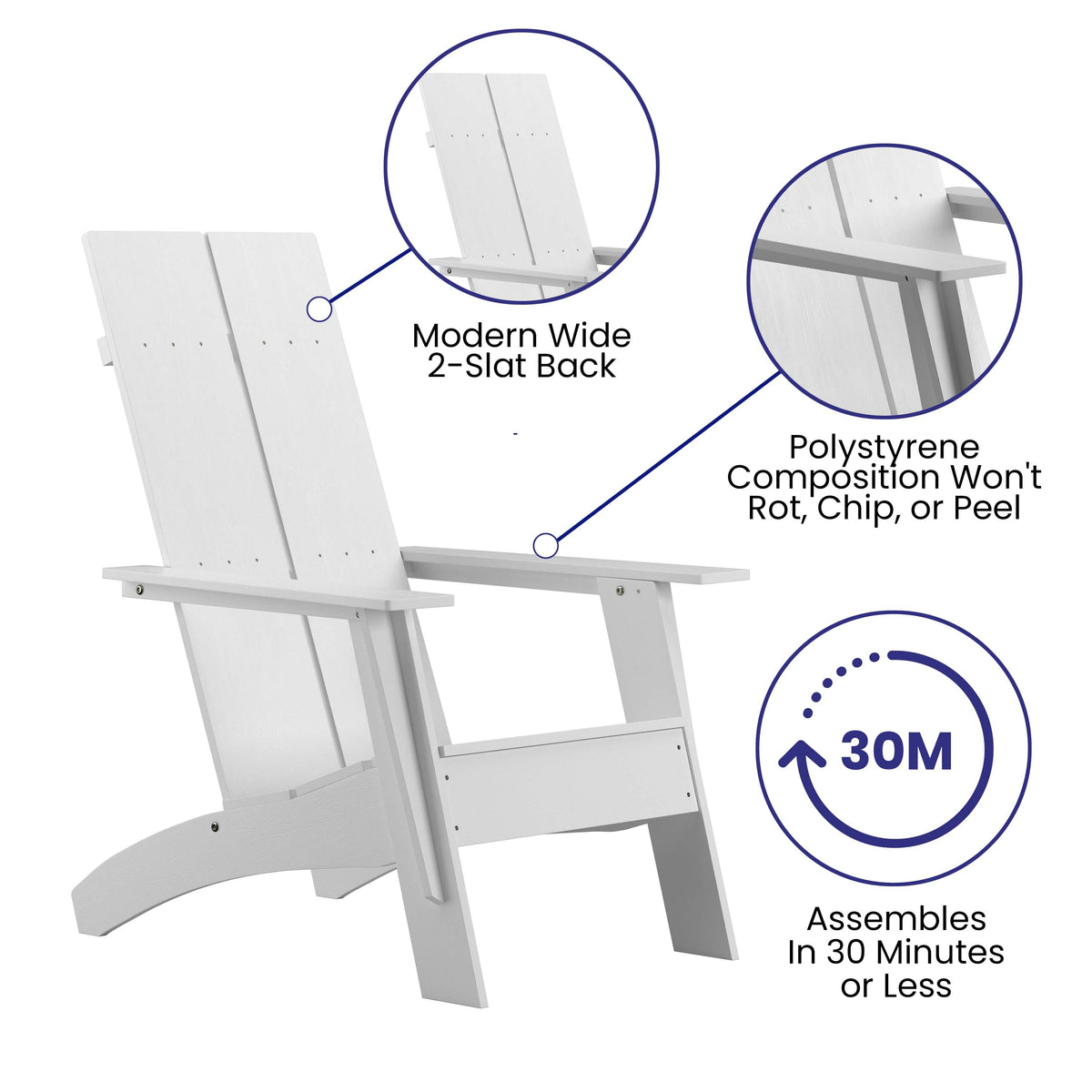 White |#| Set of 2 White Dual Slat Poly Resin Adirondack Chairs-22inch Round Fire Pit