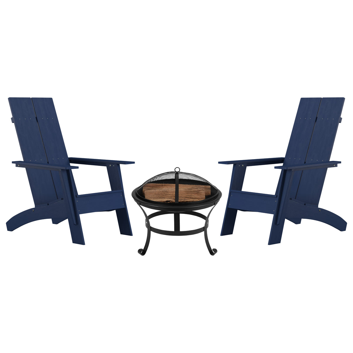 Navy |#| Set of 2 Navy Dual Slat Poly Resin Adirondack Chairs-22inch Round Fire Pit