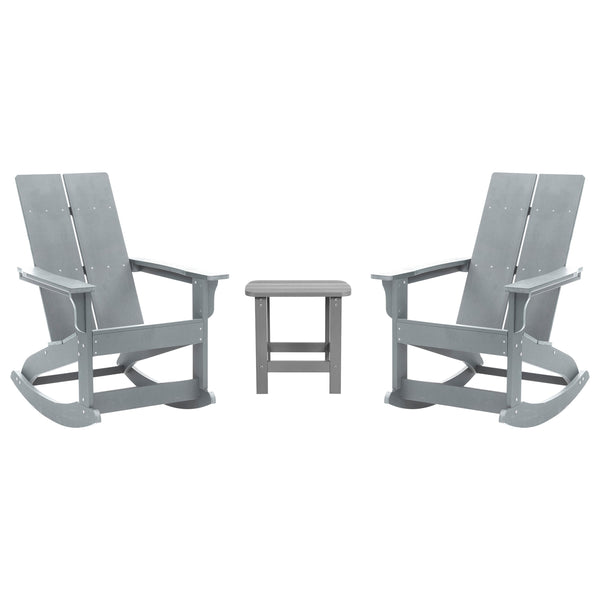 Gray |#| 2 Gray Modern Dual Slat Poly Resin Adirondack Rocking Chairs with 1 Side Table