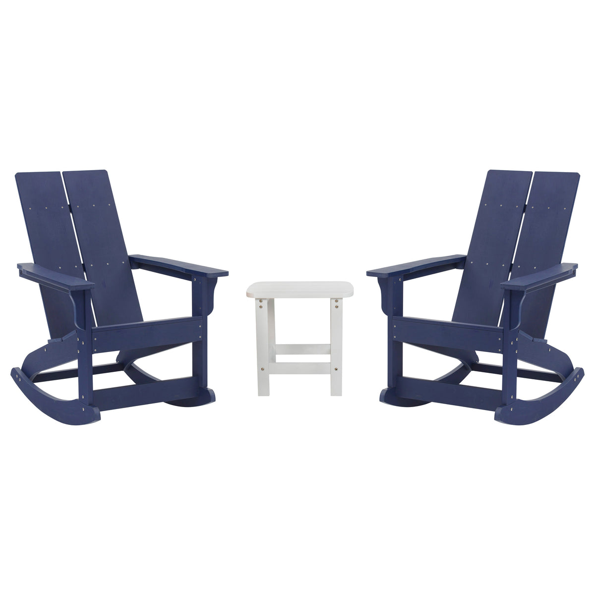 Navy/White |#| 2 Navy Modern Dual Slat Poly Resin Adirondack Rocking Chairs with 1 Side Table