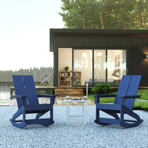 Navy/White |#| 2 Navy Modern Dual Slat Poly Resin Adirondack Rocking Chairs with 1 Side Table