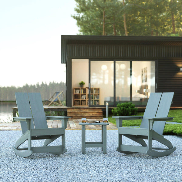 Gray |#| 2 Gray Modern Dual Slat Poly Resin Adirondack Rocking Chairs with 1 Side Table