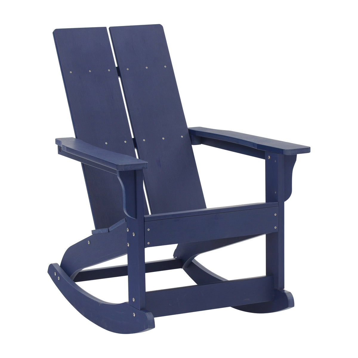 Navy/White |#| 2 Navy Modern Dual Slat Poly Resin Adirondack Rocking Chairs with 1 Side Table