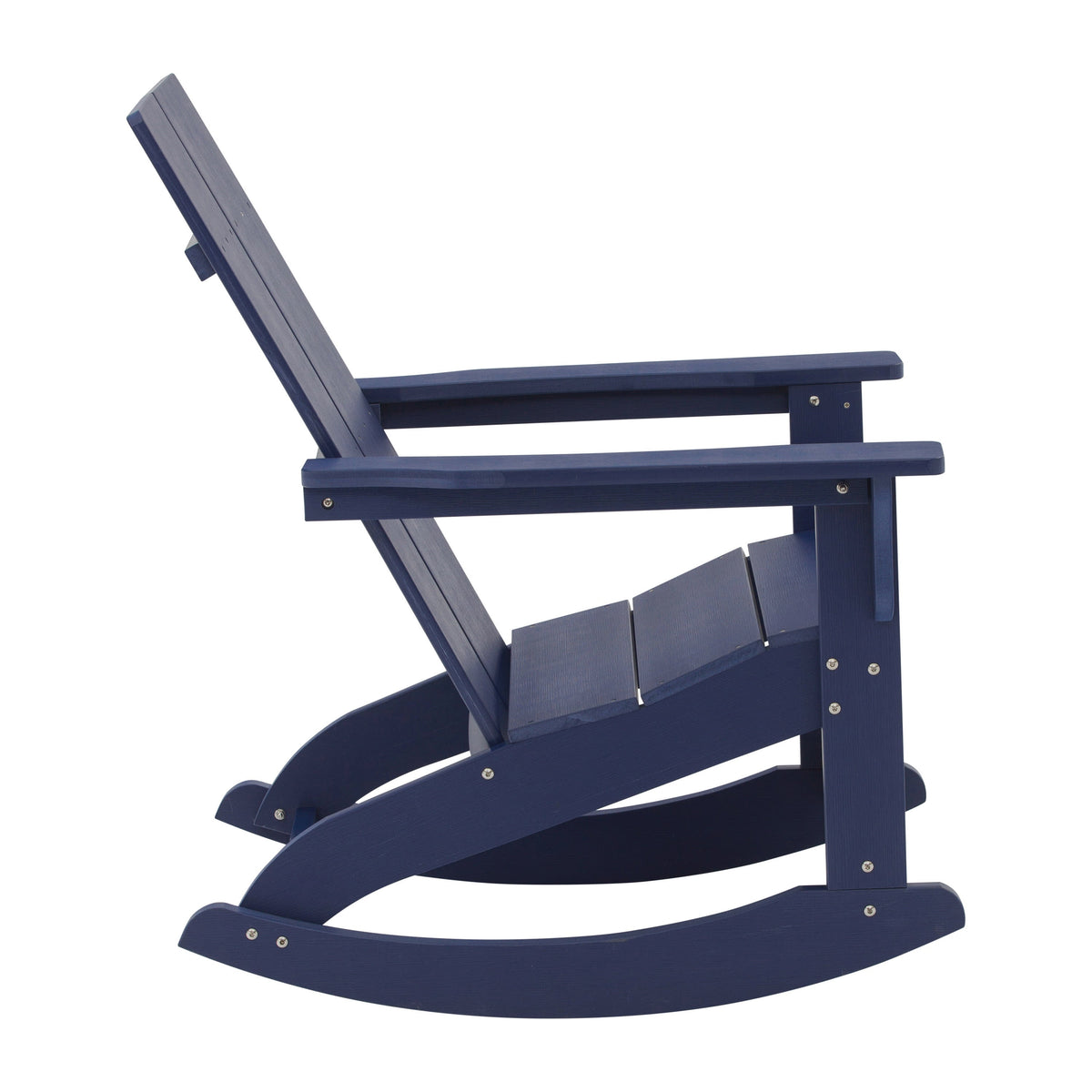 Navy/White |#| 2 Navy Modern Dual Slat Poly Resin Adirondack Rocking Chairs with 1 Side Table