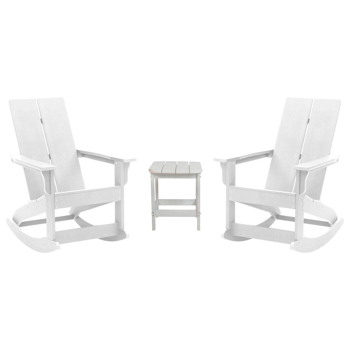 White |#| 2 White Modern Dual Slat Poly Resin Adirondack Rocking Chairs with 1 Side Table