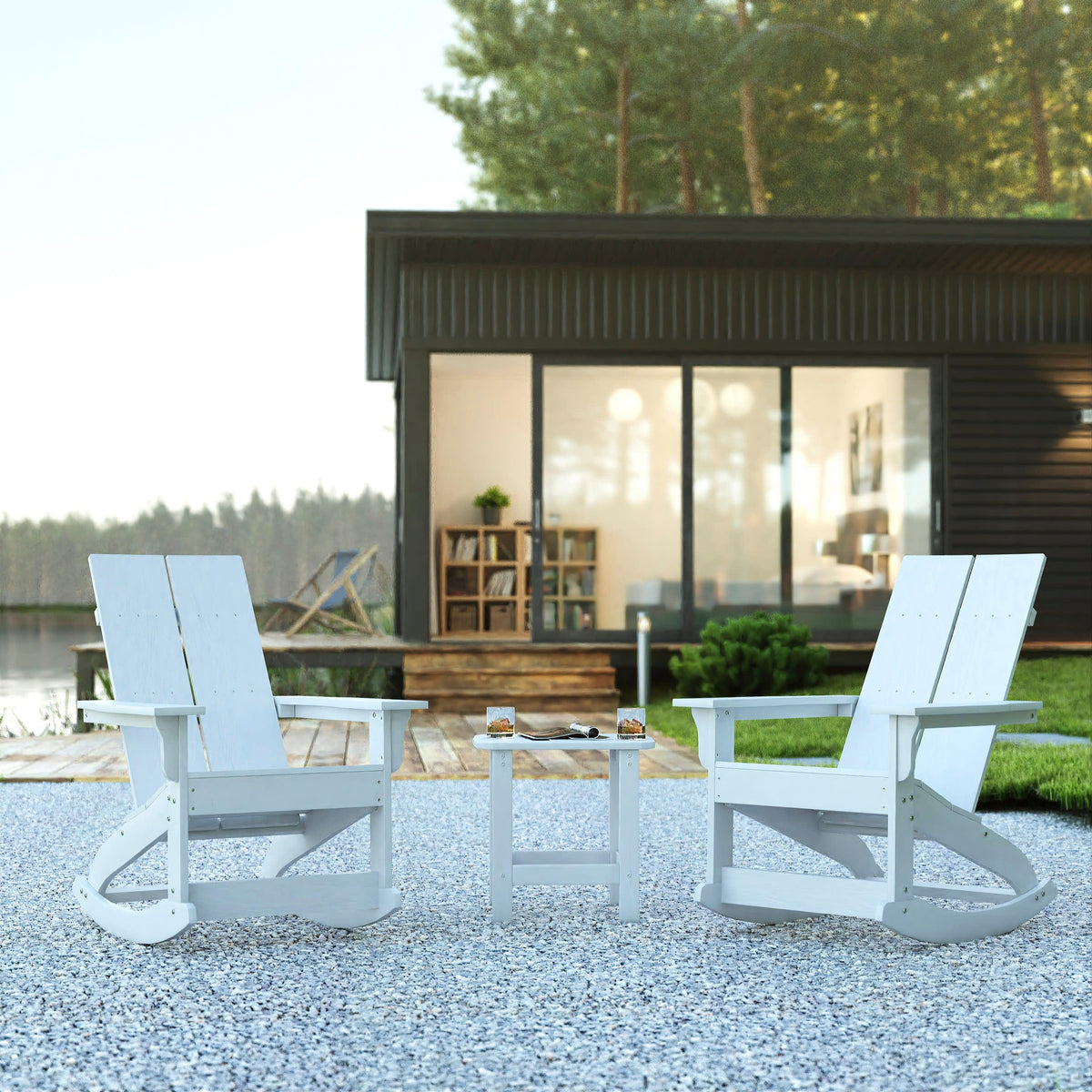 White |#| 2 White Modern Dual Slat Poly Resin Adirondack Rocking Chairs with 1 Side Table