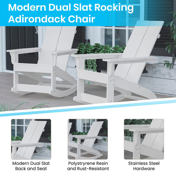 White |#| 2 White Modern Dual Slat Poly Resin Adirondack Rocking Chairs with 1 Side Table