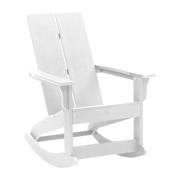 White |#| 2 White Modern Dual Slat Poly Resin Adirondack Rocking Chairs with 1 Side Table