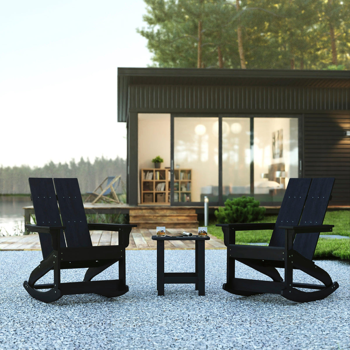 Black |#| 2 Black Modern Dual Slat Poly Resin Adirondack Rocking Chairs with 1 Side Table