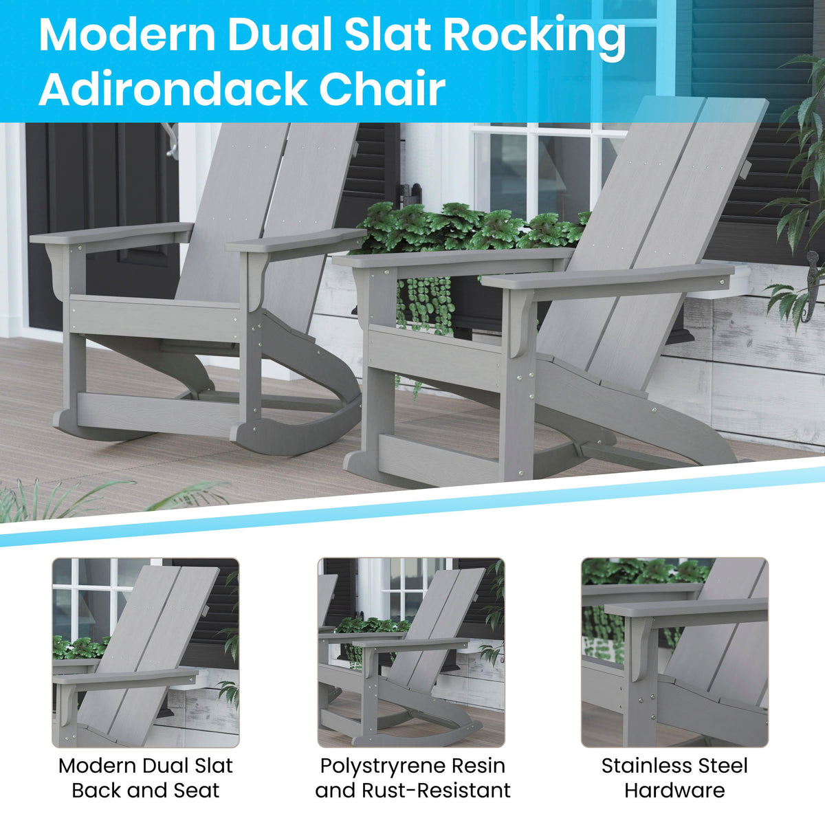 Gray |#| 2 Gray Modern Dual Slat Poly Resin Adirondack Rocking Chairs with 1 Side Table