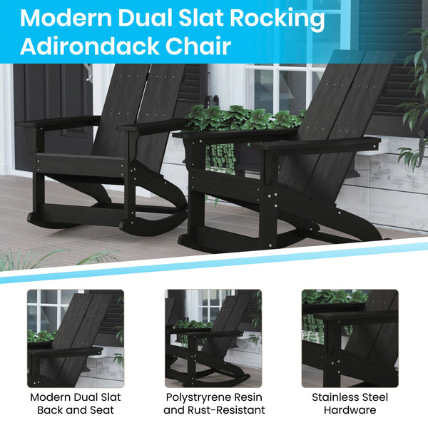 Black |#| 2 Black Modern Dual Slat Poly Resin Adirondack Rocking Chairs with 1 Side Table