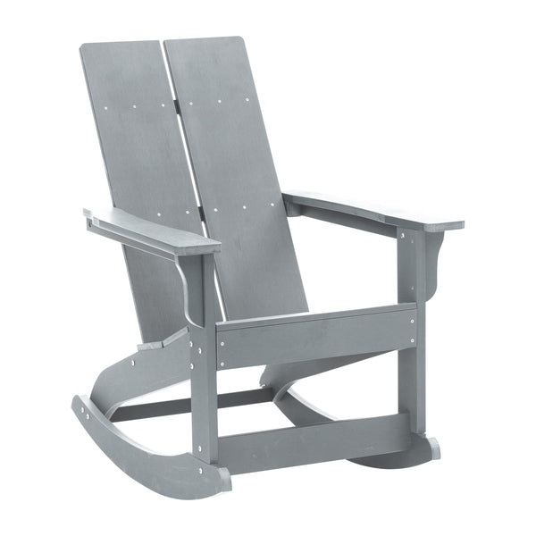 Gray |#| 2 Gray Modern Dual Slat Poly Resin Adirondack Rocking Chairs with 1 Side Table