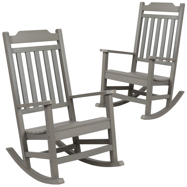 Gray |#| 2 Pack All-Weather Rocking Chair in Gray Faux Wood - Patio and Yard Furniture