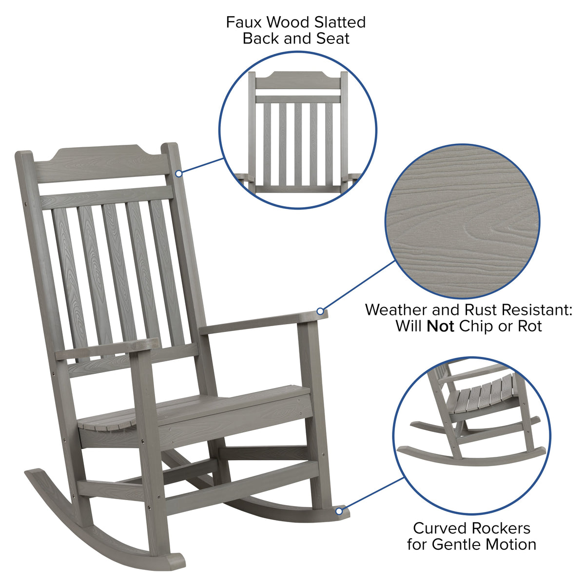 Gray |#| 2 Pack All-Weather Rocking Chair in Gray Faux Wood - Patio and Yard Furniture