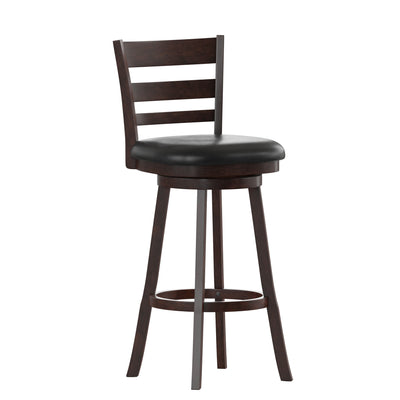 Silla 30" Classic Wooden Ladderback Swivel Bar Height Stool with Upholstered Padded Seat and Integrated Footrest - View 1