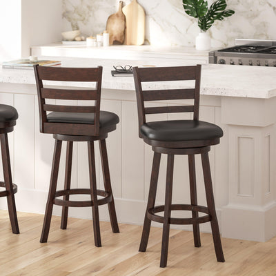 Silla 30" Classic Wooden Ladderback Swivel Bar Height Stool with Upholstered Padded Seat and Integrated Footrest - View 2