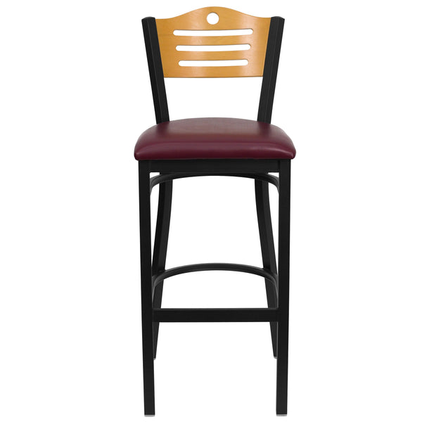 Natural Wood Back/Burgundy Vinyl Seat/Black Metal Frame |#| Black Slat Back Metal Restaurant Barstool - Natural Wood Back, Burg Vinyl Seat