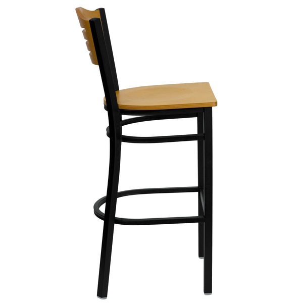 Natural Wood Back/Natural Wood Seat/Black Metal Frame |#| Black Slat Back Metal Restaurant Barstool - Natural Wood Back & Seat