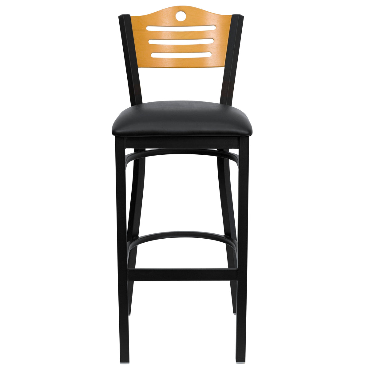 Natural Wood Back/Black Vinyl Seat/Black Metal Frame |#| Black Slat Back Metal Restaurant Barstool - Natural Wood Back, Black Vinyl Seat