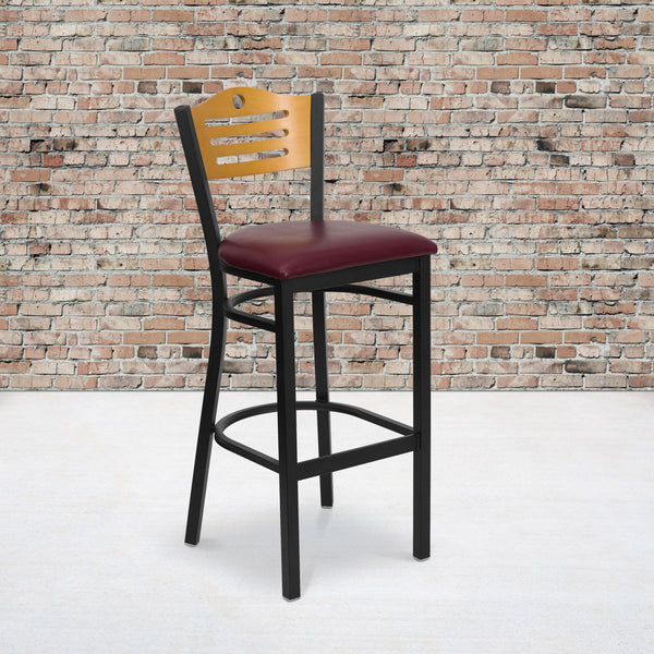 Natural Wood Back/Burgundy Vinyl Seat/Black Metal Frame |#| Black Slat Back Metal Restaurant Barstool - Natural Wood Back, Burg Vinyl Seat