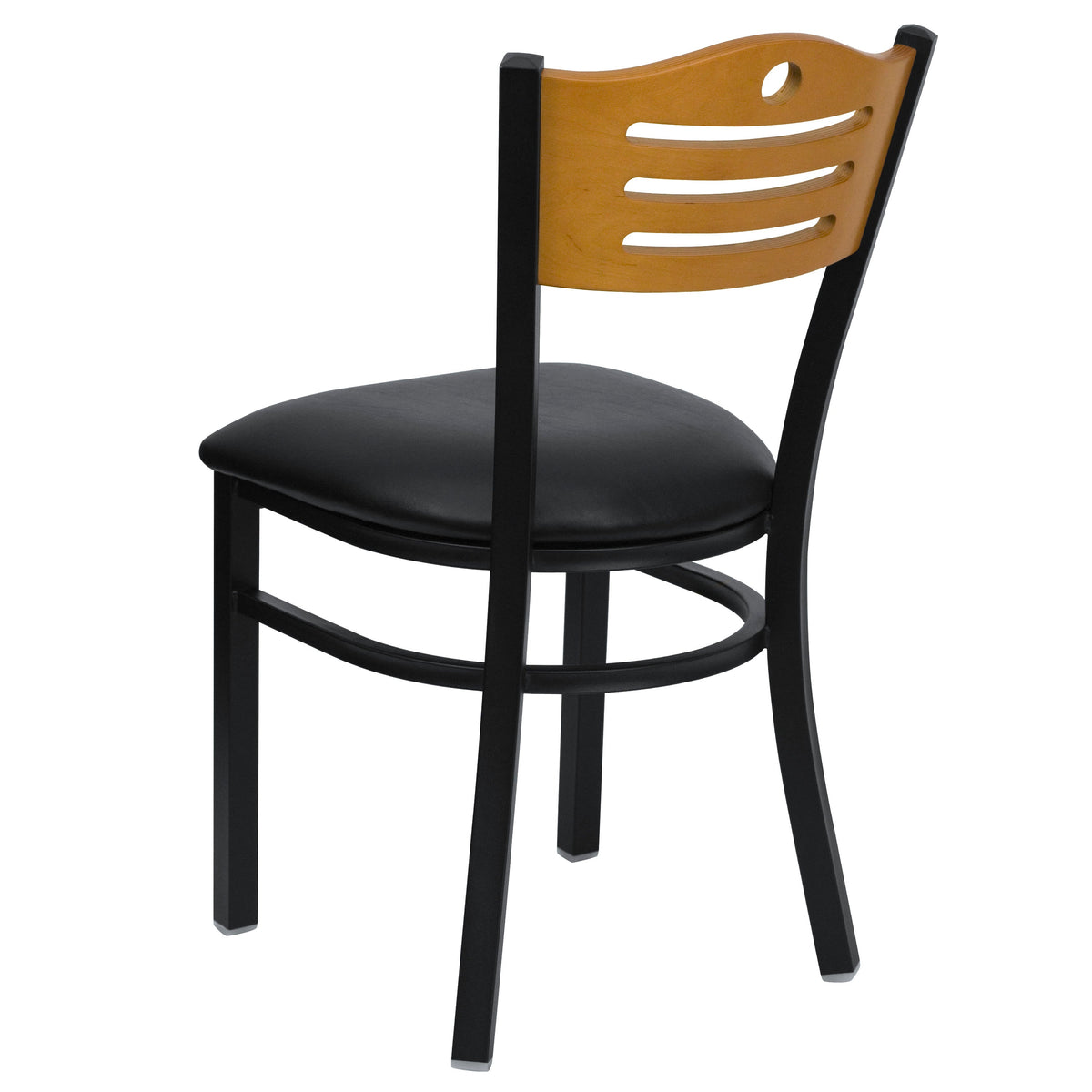 Natural Wood Back/Black Vinyl Seat/Black Metal Frame |#| Black Slat Back Metal Restaurant Chair - Natural Wood Back, Black Vinyl Seat