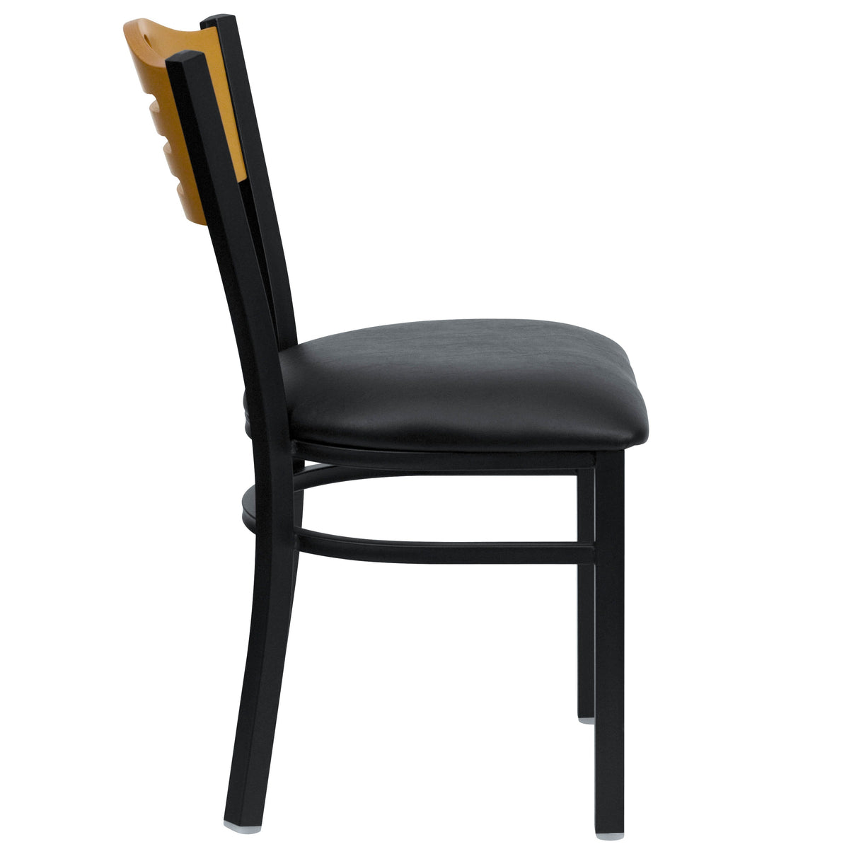 Natural Wood Back/Black Vinyl Seat/Black Metal Frame |#| Black Slat Back Metal Restaurant Chair - Natural Wood Back, Black Vinyl Seat