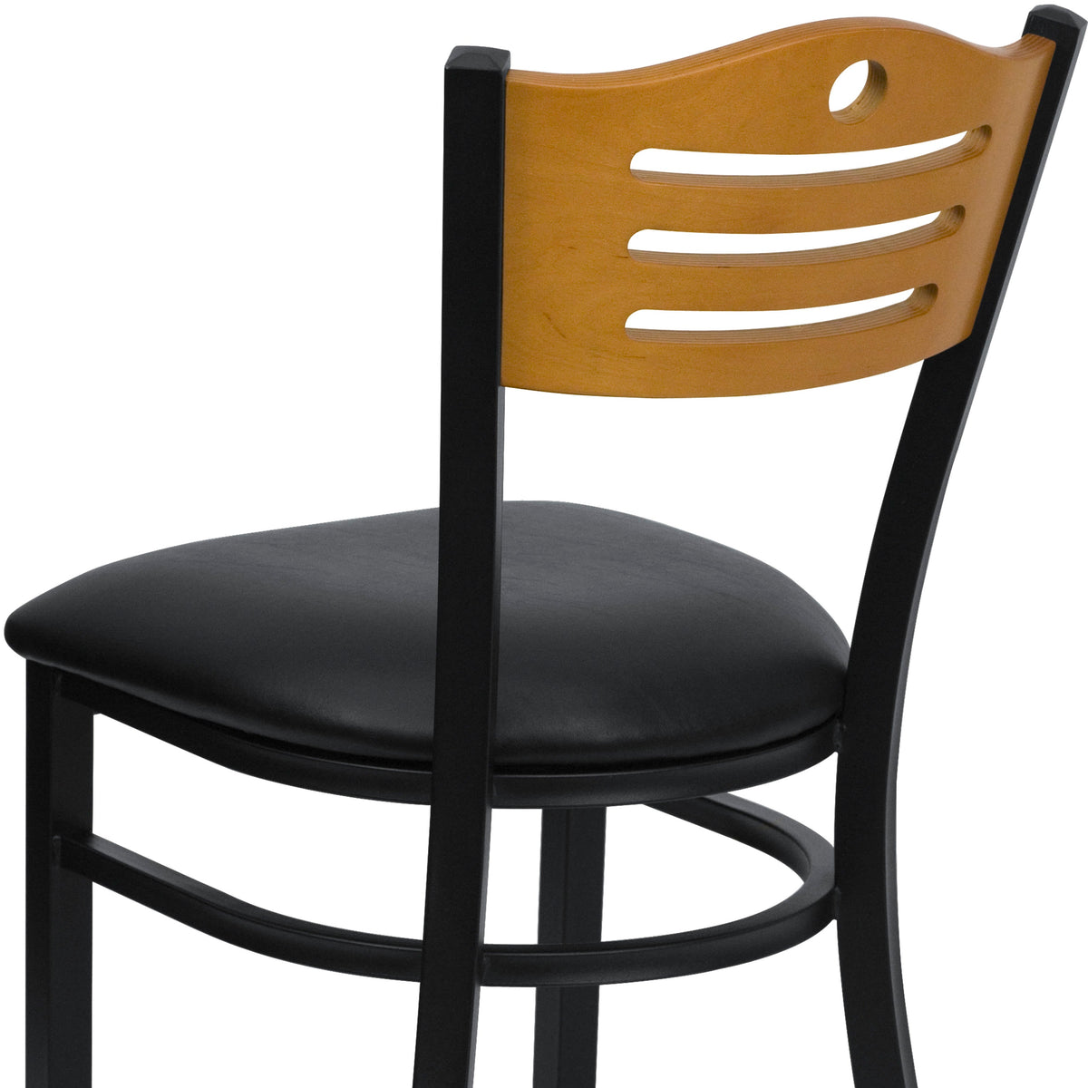 Natural Wood Back/Black Vinyl Seat/Black Metal Frame |#| Black Slat Back Metal Restaurant Chair - Natural Wood Back, Black Vinyl Seat