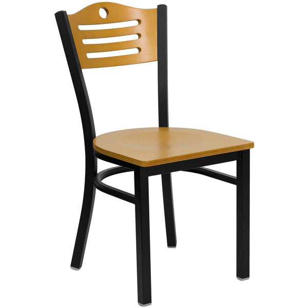 Natural Wood Back/Natural Wood Seat/Black Metal Frame |#| Black Slat Back Metal Restaurant Chair - Natural Wood Back & Seat