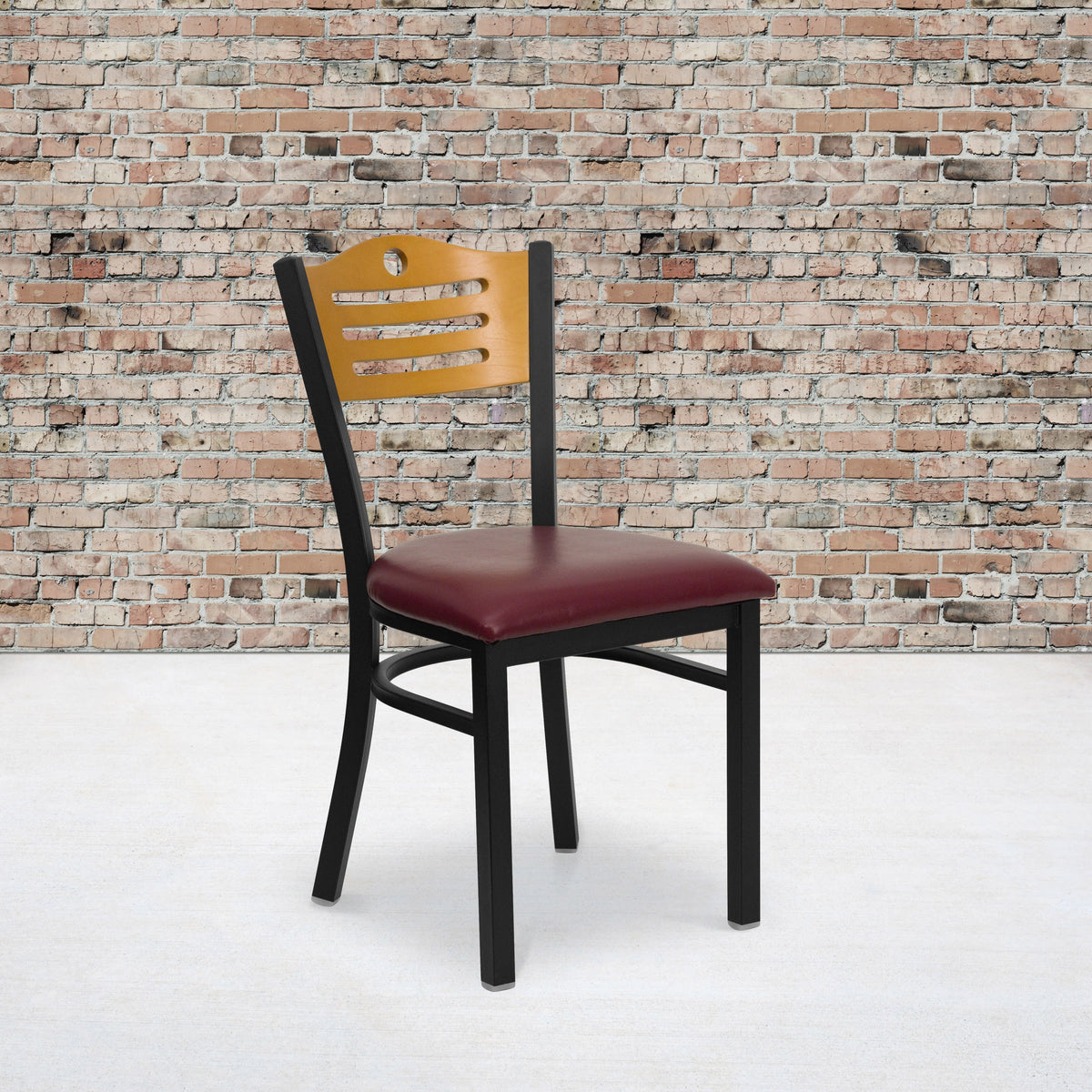 Natural Wood Back/Burgundy Vinyl Seat/Black Metal Frame |#| Black Slat Back Metal Restaurant Chair - Natural Wood Back, Burgundy Vinyl Seat