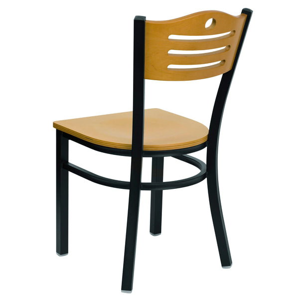 Natural Wood Back/Natural Wood Seat/Black Metal Frame |#| Black Slat Back Metal Restaurant Chair - Natural Wood Back & Seat